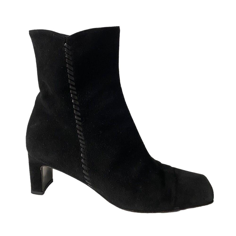 St John Black Bootie Ankle Boot Suede Square Toe Side Zip Block Heel 7 B